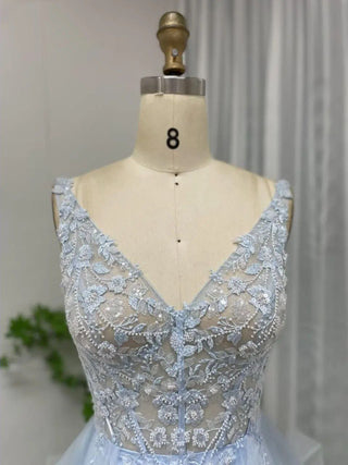 2024 Light Blue V-Neck A-Line Wedding Party Dress - Gorgeous Arabic Luxury Lace Appliqué Tulle Evening Ball Gown for Women