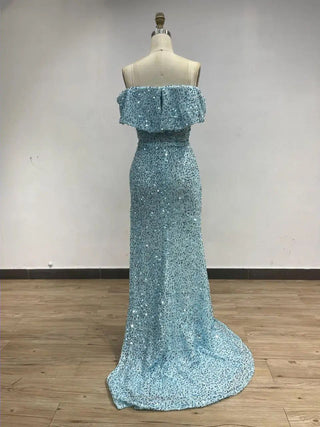 2024 Blue Strapless Mermaid Evening Gown - Gorgeous High Slit Sequined Dress for Women’s Prom and Parties