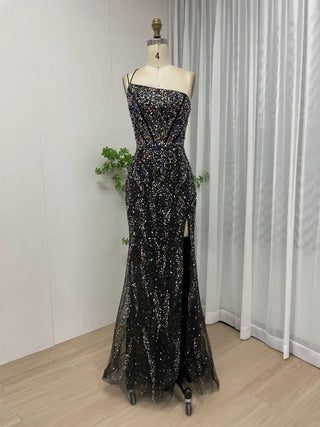 2024 Black Mermaid Evening Dress - Sexy High Split Beaded Tulle Gown for Girls’ Wedding Parties