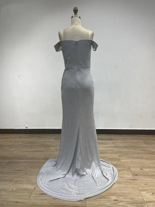 2024 Grey High Split Mermaid Evening Gown - Exclusive Off-Shoulder Pleated Satin Dress for Formal Parties