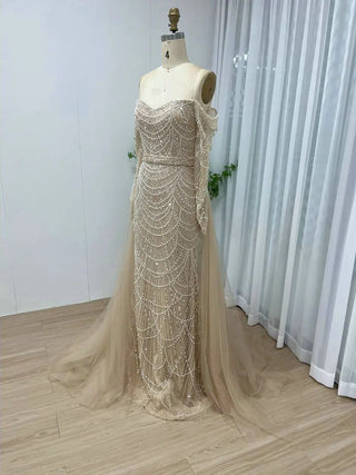 Dubai Luxury Beaded Off-Shoulder Mermaid Evening Dress - Arabic Elegant Strapless Long Sleeves Gown for Weddings and Prom