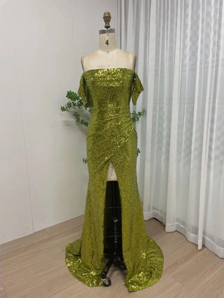 2024 Green Mermaid Off-Shoulder Evening Gown - Sparkling Sequined High Split Dress for Wedding Guests and Parties