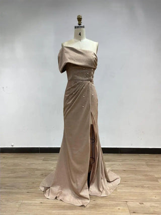 2024 Nude Strapless Beaded Evening Gown - Sexy Pleated High Split Mermaid Dress for Formal Occasions