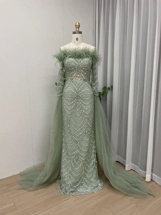 2024 Green Luxury Mermaid Evening Gown - Beaded Feathers Princess Dress with Cape Sleeves for Weddings and Parties in Dubai