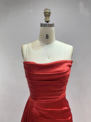 2024 Sexy Red Mermaid Evening Gown - Strapless High Split Pleated Satin Dress for Girls' Bridesmaids