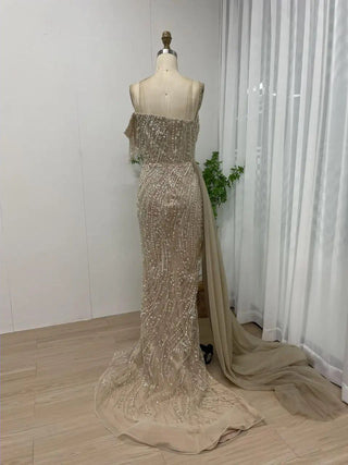 Ships in 1 to 3 Days - 2024 Gold Mermaid Evening Dress - Gorgeous High Split Beaded Wedding Party Gown with Off-Shoulder Tassels for Women