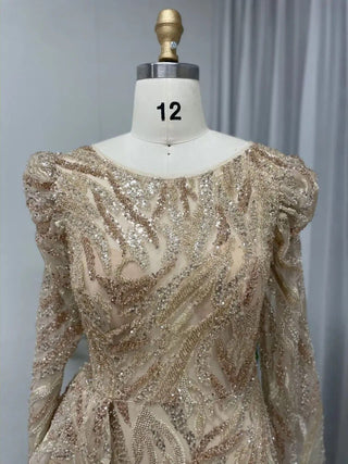 Ships in 1 to 3 Days - 2024 Gold Arabic Crystal Mermaid Evening Gown - Handmade Elegant Long Sleeves Dress for Women’s Weddings and Parties