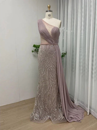 Ships in 1 to 3 Days - 2024 Gold Beaded Mermaid Evening Dress - Elegant One-Shoulder Gown for Graduation and Formal Events