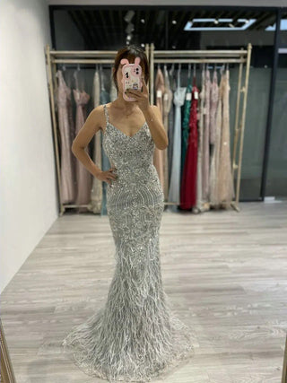 Ships in 1 to 3 Days - 2024 Silver Mermaid Evening Gown - Crystal Beaded Sleeveless Dress with Spaghetti Straps for Wedding Guests