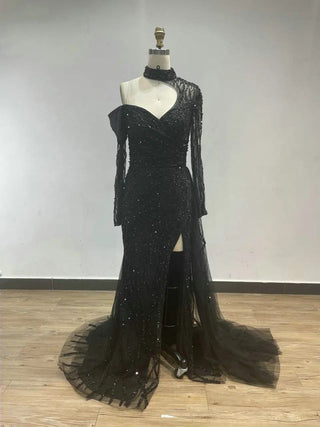 Ships in 1 to 3 Days -  2024 Black Halter One-Shoulder Evening Gown - Sexy Beaded Mermaid Dress with Split for Women’s Formal Occasions