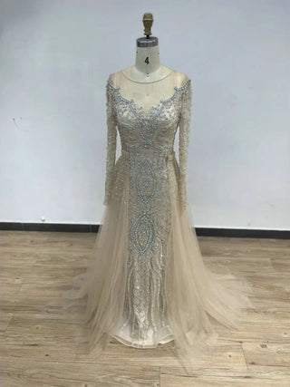 Ships in 1 to 3 Days - Nude Luxury Muslim Mermaid Evening Dress with Beaded Overskirt - Elegant Gown for Women's Party 2024