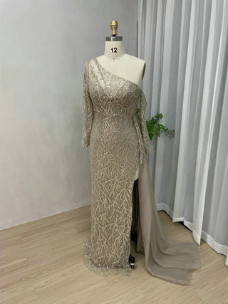 Ships in 1 to 3 Days -  2024 Luxury One-Shoulder Overskirt Evening Gown - Sparkly Sequin Mermaid Dress with High Split and Long Tail