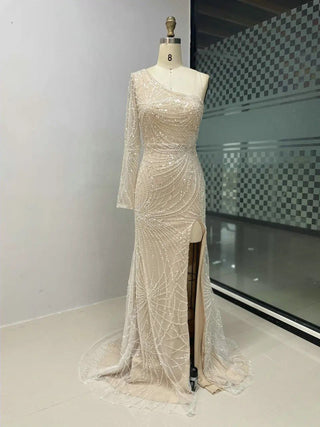 Ships in 1 to 3 Days - 2024 White One-Shoulder Mermaid Evening Gown - Sexy High Split Beaded Dress for Parties and Weddings