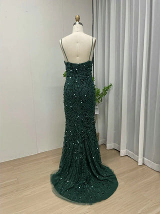 Ships in 1 to 3 Days - 2024 Green Luxurious Evening Gown - Beaded Spaghetti Straps High Split Mermaid Dress with Sweetheart Neckline for Brides and Parties