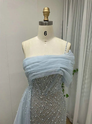 Ships in 1 to 3 Days - Blue Mermaid Elegant One-Shoulder Evening Dress with Luxury Pearls Beading - Women's Wedding Party Gown (2024)