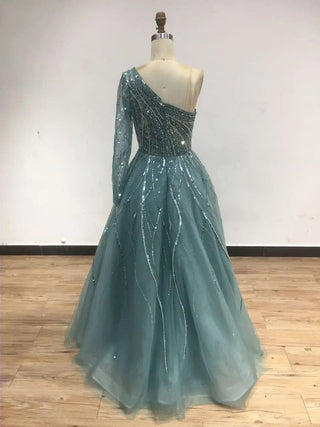 Ships in 1 to 3 Days - Luxury Mint One-Shoulder A-Line Evening Gown - Beaded Long Sleeve Dress for Women’s Formal Parties