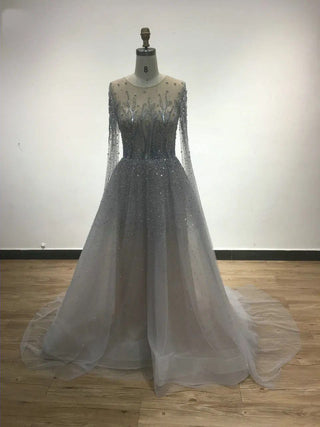 Ships in 1 to 3 Days - 2023 Light Blue Luxury Evening Dress - Illusion Crew Neck Cape Sleeves A-Line Tulle Gown with Beaded Details for Women’s Parties