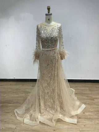 Ships in 1 to 3 Days - 2024 Muslim Luxurious A-Line Evening Gown - Beaded Feather Dress with Crew Neck and Long Sleeves for Weddings and Parties