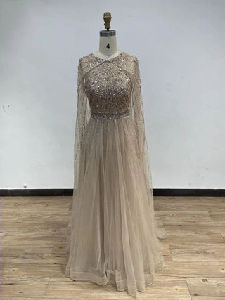 Ships in 1 to 3 Days - Luxury Gold Arabic Cape Sleeves Beaded A-Line Evening Dresses Gowns 2024 - Exquisite Elegance for Women's Party