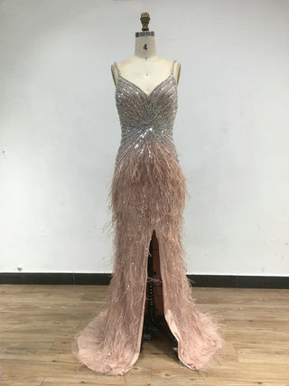 Ships in 1 to 3 Days - Luxury Beaded Mermaid Feathers Prom Dresses: Sexy Spaghetti Straps Backless Rose Pink Evening Dress