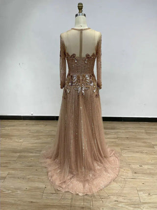 Ships in 1 to 3 Days - 2023 Pink A-Line Evening Gown - Luxurious Beaded Crew Neck Dress with Tulle Overlay for Wedding Parties