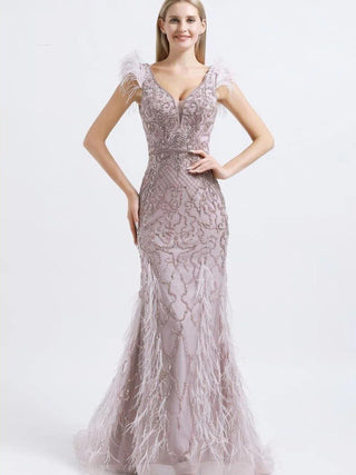 Ships in 1 to 3 Days - 2024 Gorgeous Plunging Neckline Mermaid Evening Gown - Luxury Beaded Feather Embellished Formal Dress