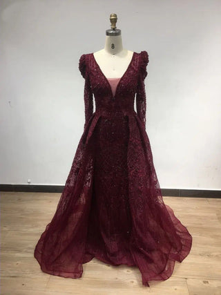 Ships in 1 to 3 Days - Maroon Majesty: 2024 Wine Red V-Neck Mermaid Dress with Long Sleeves and Crystal Beading