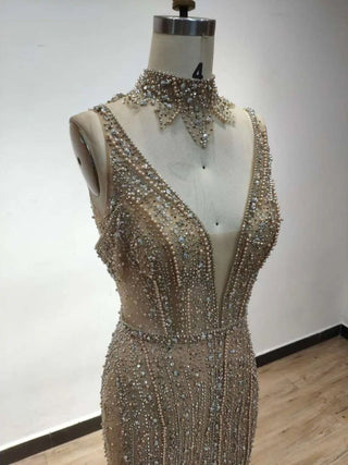 Ships in 1 to 3 Days - Dubai Champagne Pearls Diamond Formal Gown: Sleeveless Evening Dress Design for 2024