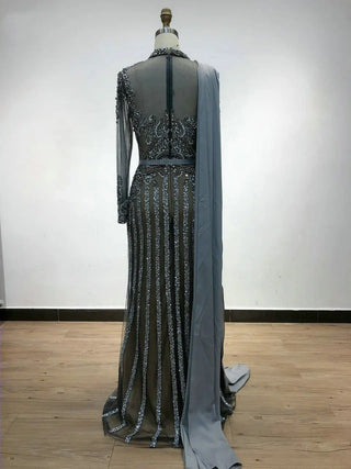 Ships in 1 to 3 Days - Luxury Crystal Dubai Muslim Evening Dress with Overskirt: Gray Arabic Formal Dresses for Women at Wedding Parties