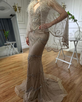 Nude Silver Mermaid V-Neck Sexy Evening Dress 2024 - Sleeveless Feathers Shawl Yarn Diamond Formal Gown