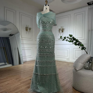 Sage Green Beaded Mermaid Evening Gown with Long Back Cape