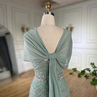 Sage Green Beaded Mermaid Evening Gown with Long Back Cape