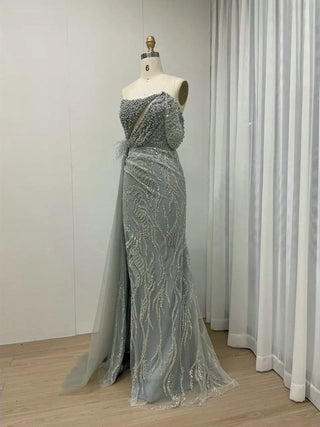 Exclusive One-Shoulder Mermaid Evening Formal Dress - Luxury Beaded Feathers with High Slit for Wedding Guests