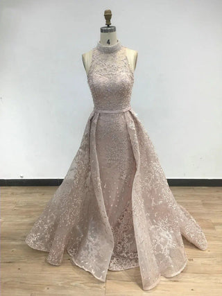 Pink Saudi Sleeveless Mermaid Evening Gown - Sexy High Neck Beaded Lace Dress with Overskirt for Luxury Parties