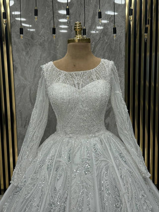 Celestial Sparkle Bridal Gown with Sheer Sleeve Elegance