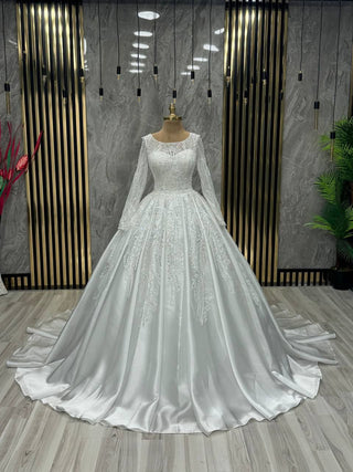 Celestial Sparkle Bridal Gown with Sheer Sleeve Elegance