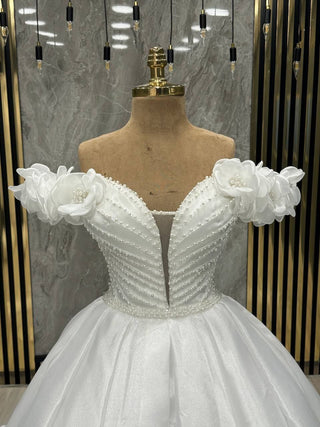 Pearl Essence Bridal Gown with Blossom Sleeve Accents