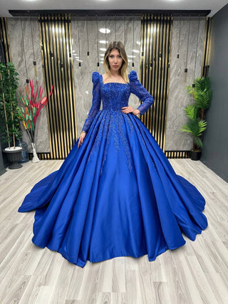 Sapphire Symphony Evening Gown: Royal Blue Elegance with Intricate Embellishments