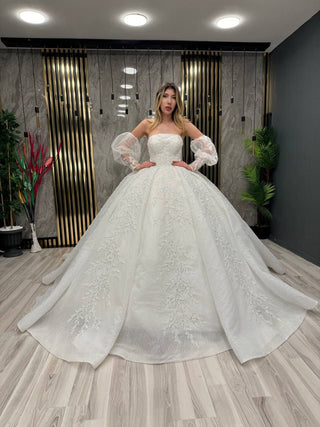 Crystal Whisper Strapless Bridal Gown with Ethereal Sleeves