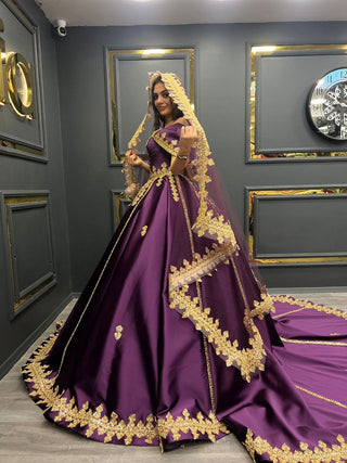 Regal Majesty Evening Gown: Lavish Purple Satin with Golden Embellishments