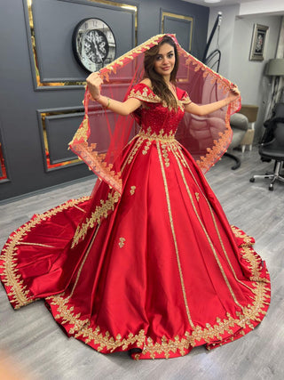 Royal Crimson Elegance Gown with Golden Embroidery