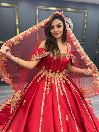 Royal Crimson Elegance Gown with Golden Embroidery