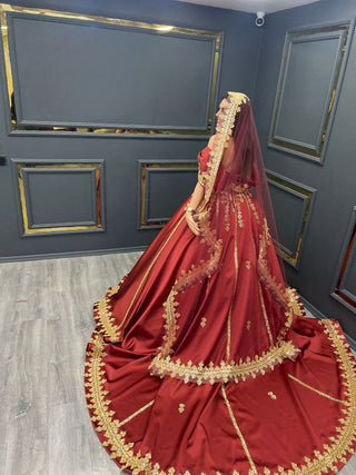 Crimson Empress Evening Gown: Royal Red Satin with Exquisite Golden Detailing