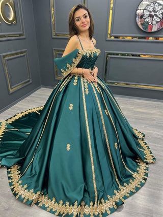 Emerald Grandeur Gown with Majestic Gold Embellishments