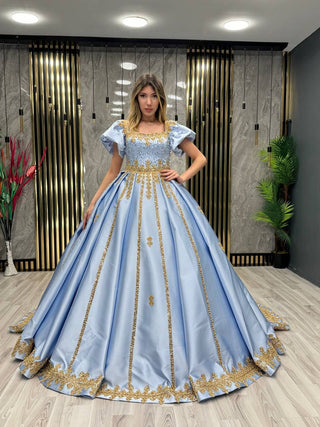 Celestial Blue Princess Gown with Golden Appliqué