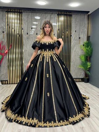 Midnight Majesty Ballgown with Golden Opulence