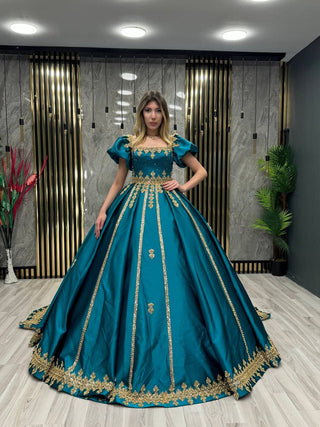 Imperial Sapphire Evening Gown with Golden Embellishments