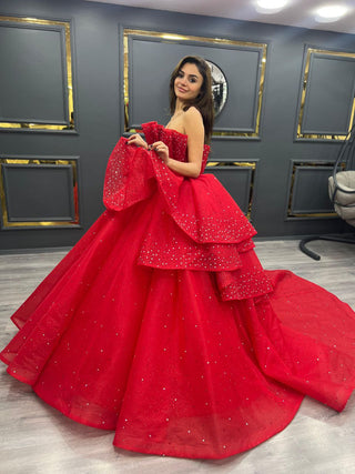 Scarlet Sparkle Ball Gown with Cascading Ruffles