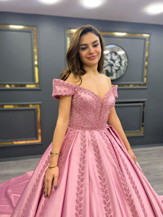 Blushing Pink Elegance Gown with Crystal Embroidered Trails