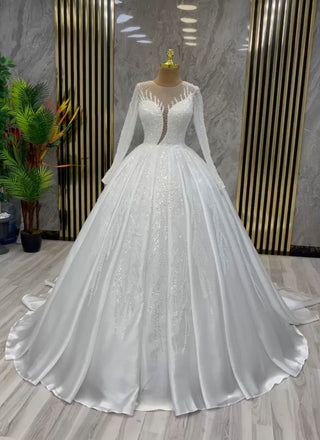 Crystal Vision Deep V-Neck Embellished Bridal Gown with Sheer Sleeves